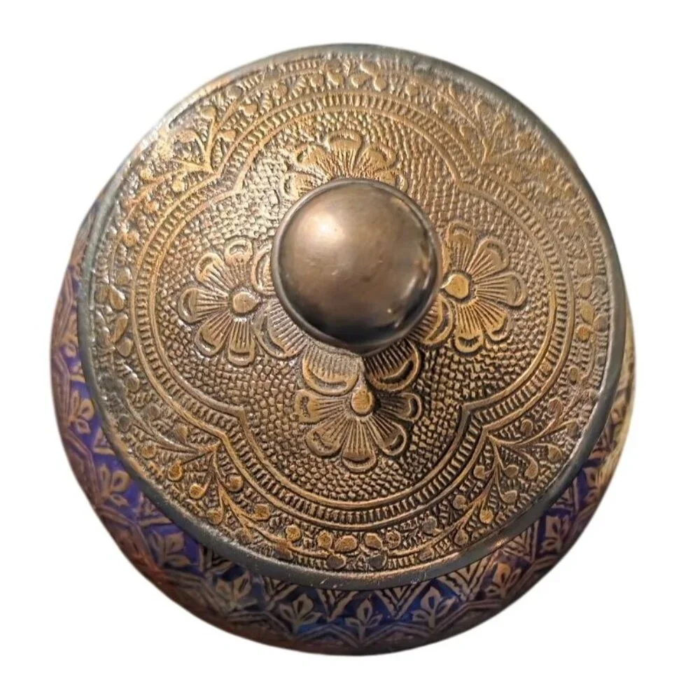 Vintage Brass‎ & Enamel Purple Jar Engraved Handcrafted Lid - 7 X 4